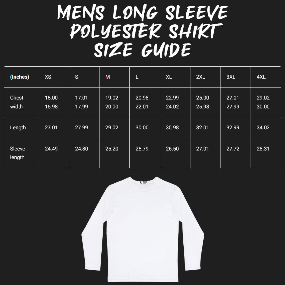 Size guide for Men's Long Sleeve Polyester Shirt.