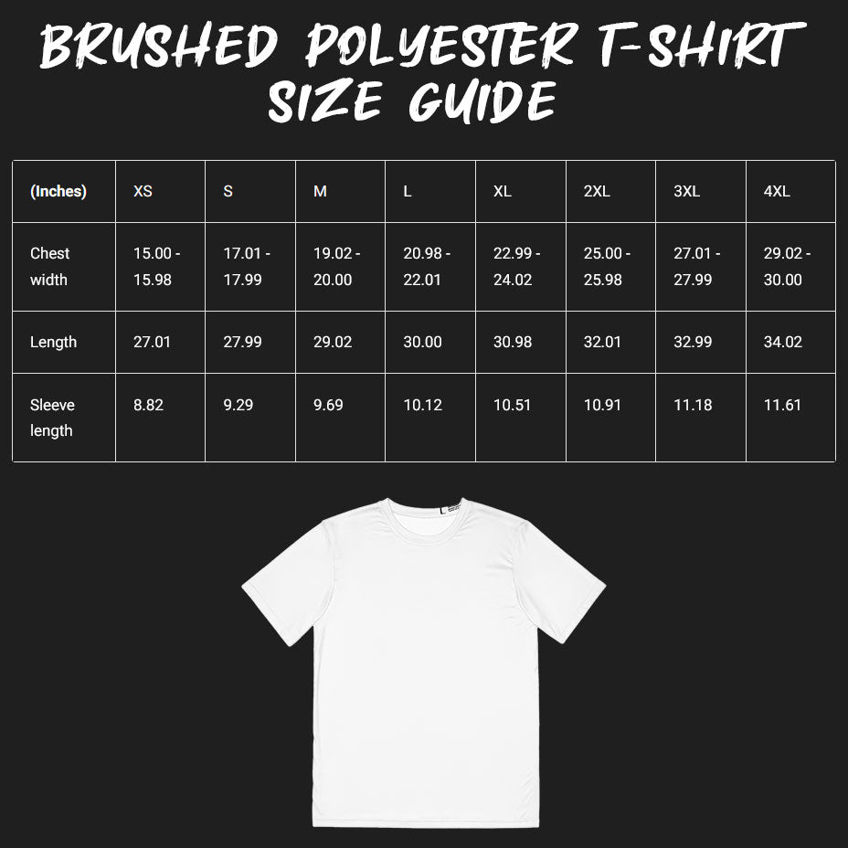 Brushed Polyester T-shirt size guide.