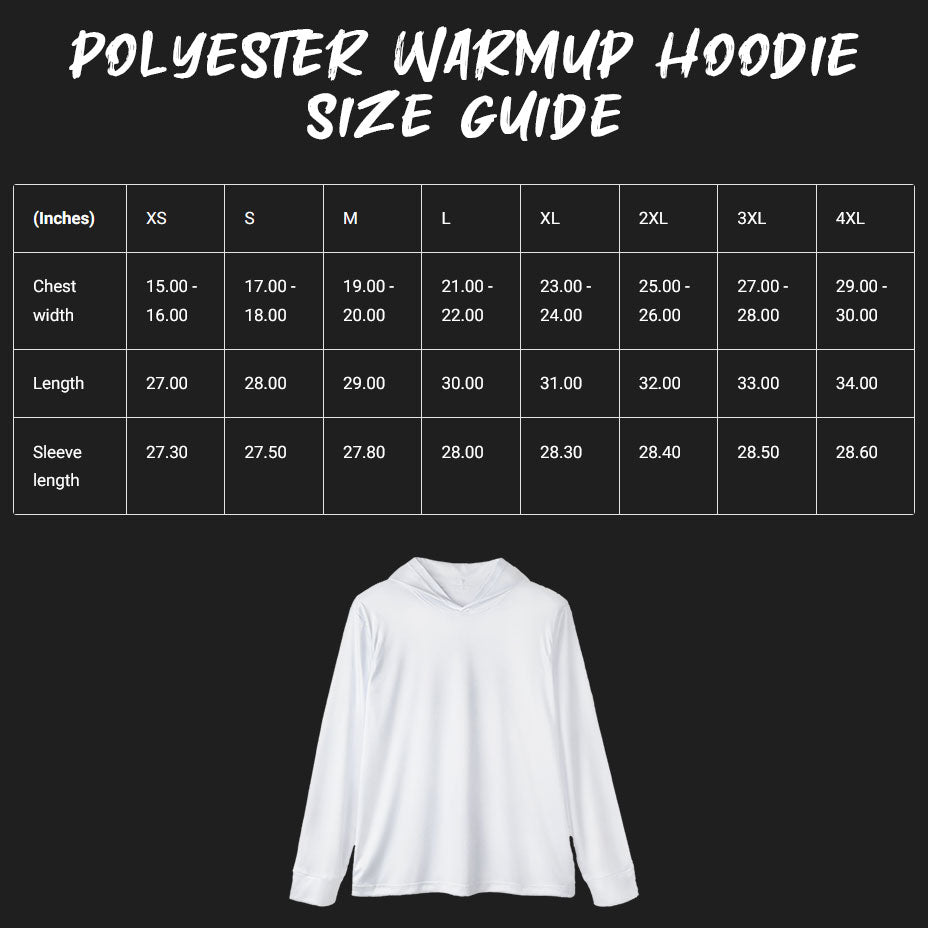 Polyester Warmup Hoodie size guide.