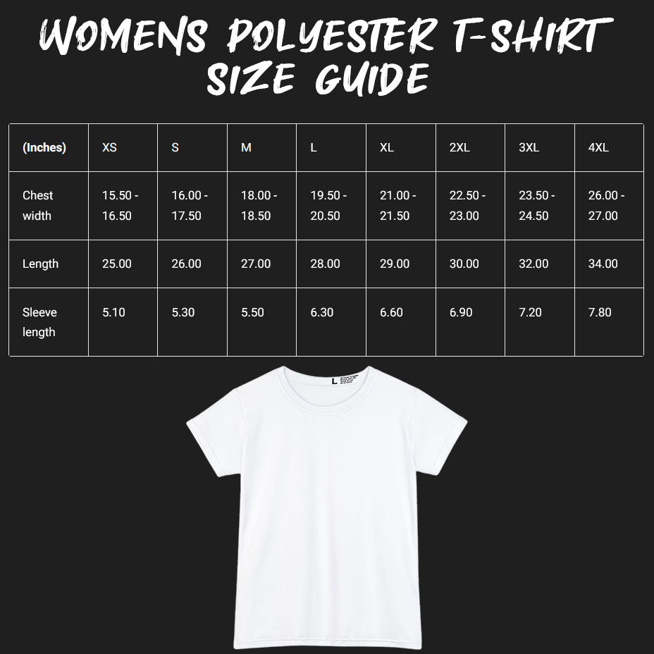 Size guide for Women's Polyester T-shirt.