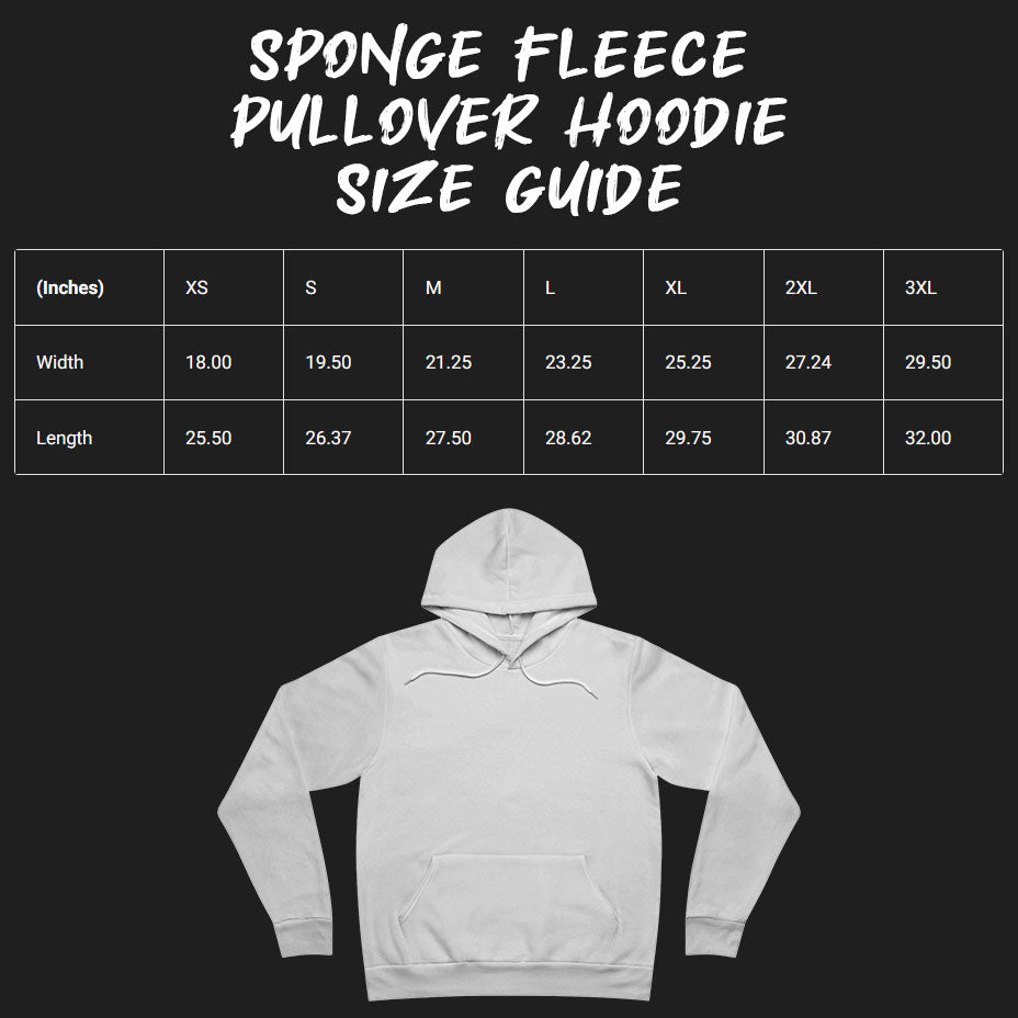 Size guide for Sponge Fleece Pullover Hoodie.