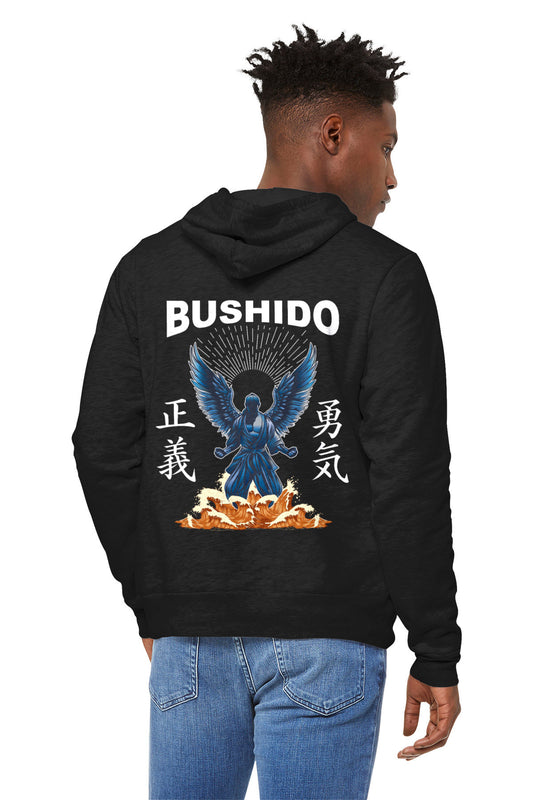 Back view of a man wearing a black pullover hoodie with an illustration of a martial artist with angel wings. The text above the design reads "Bushido", and the kanji on the left and right sides are translated to English as "Justice" and "Courage".